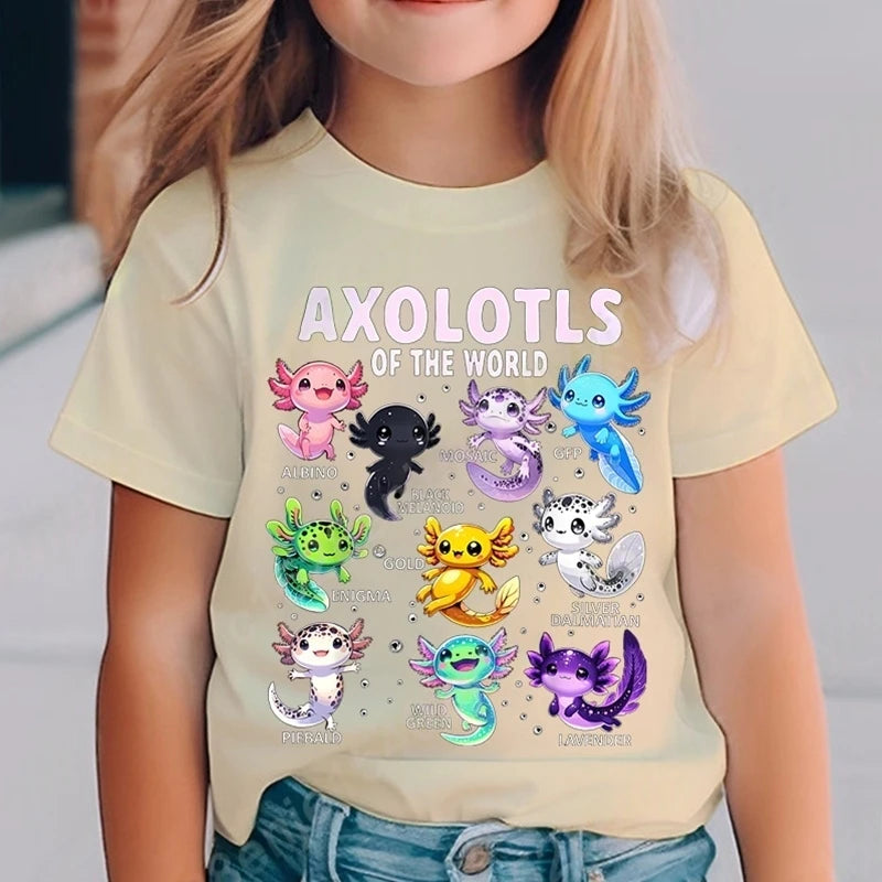 Colorful Cartoon Axolotls Graphic 3D Print T-Shirt Summer Casual Comfy Girls Clothes 2-10Y Short Sleeve T-Shirt for Children Top