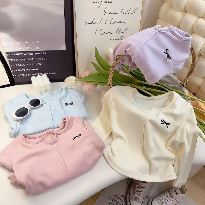 1-12Y Bow T-shirt Embroidered Girls Base Layer Fashionable Long Sleeved Simple Sweet and Cute Knitted Top for Girls Wholesale