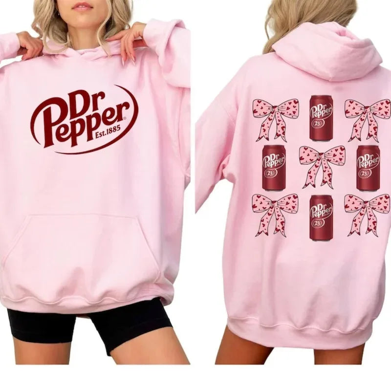 Dr Pepper Can and Bowknot Duplex Printing Hoodie Retro Soda Lover Pullover Women Fashion Daily Life Streetwear Fall Winter Tops
