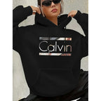 Street Style Calvin Hoodie Women's Plus Size _Calvin_ Pattern Hoodie - Casual Long Sleeved Pullover with Pocket hoodies women