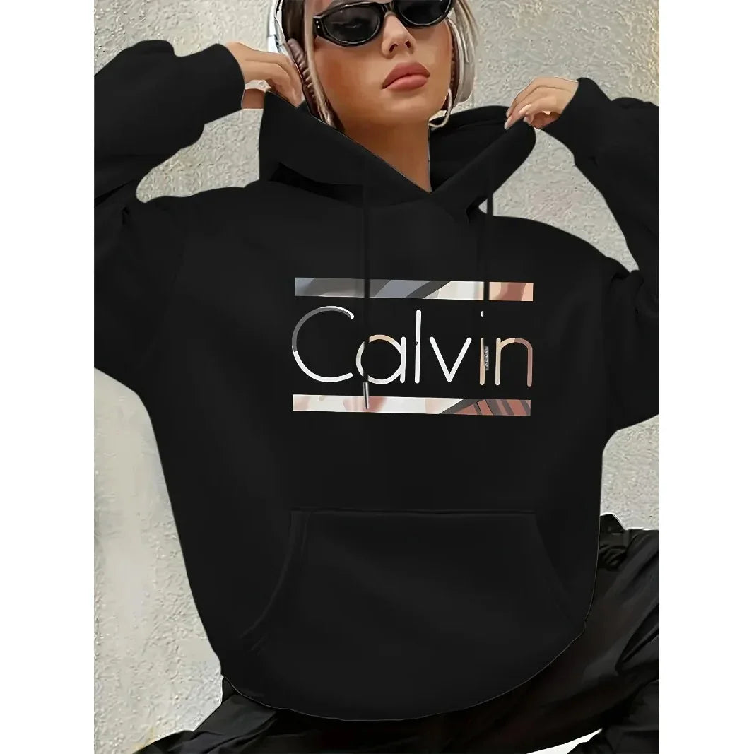 Street Style Calvin Hoodie Women's Plus Size _Calvin_ Pattern Hoodie - Casual Long Sleeved Pullover with Pocket hoodies women