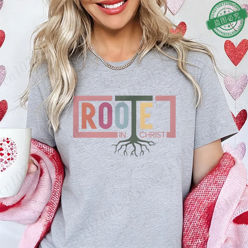 Rooted in Christ T-Shirt Women Vintage Tree Faith Root Graphic Tops Casual Christian Religious Short Sleeve Tee Female Clothing