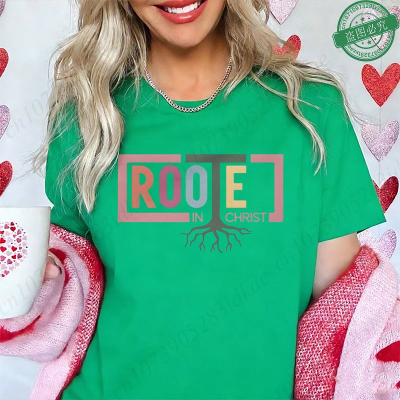 Rooted in Christ T-Shirt Women Vintage Tree Faith Root Graphic Tops Casual Christian Religious Short Sleeve Tee Female Clothing