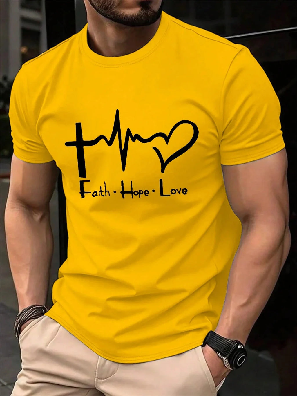 Men's Summer 100% Cotton Fashionable Casual Loose Large Size FAITH HOPE LOVE Printed Sports Round Neck Short Sleeve T-shirt Top