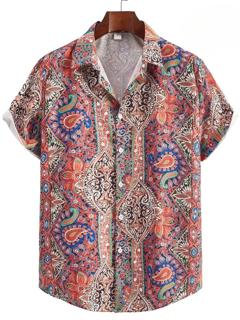 Hawaii Shirts for Men 3D Paisley Graphic Short-sleeved T-shirt Casual Lapel Buttons Male Tops Summer Oversized Bohemian Man Tees