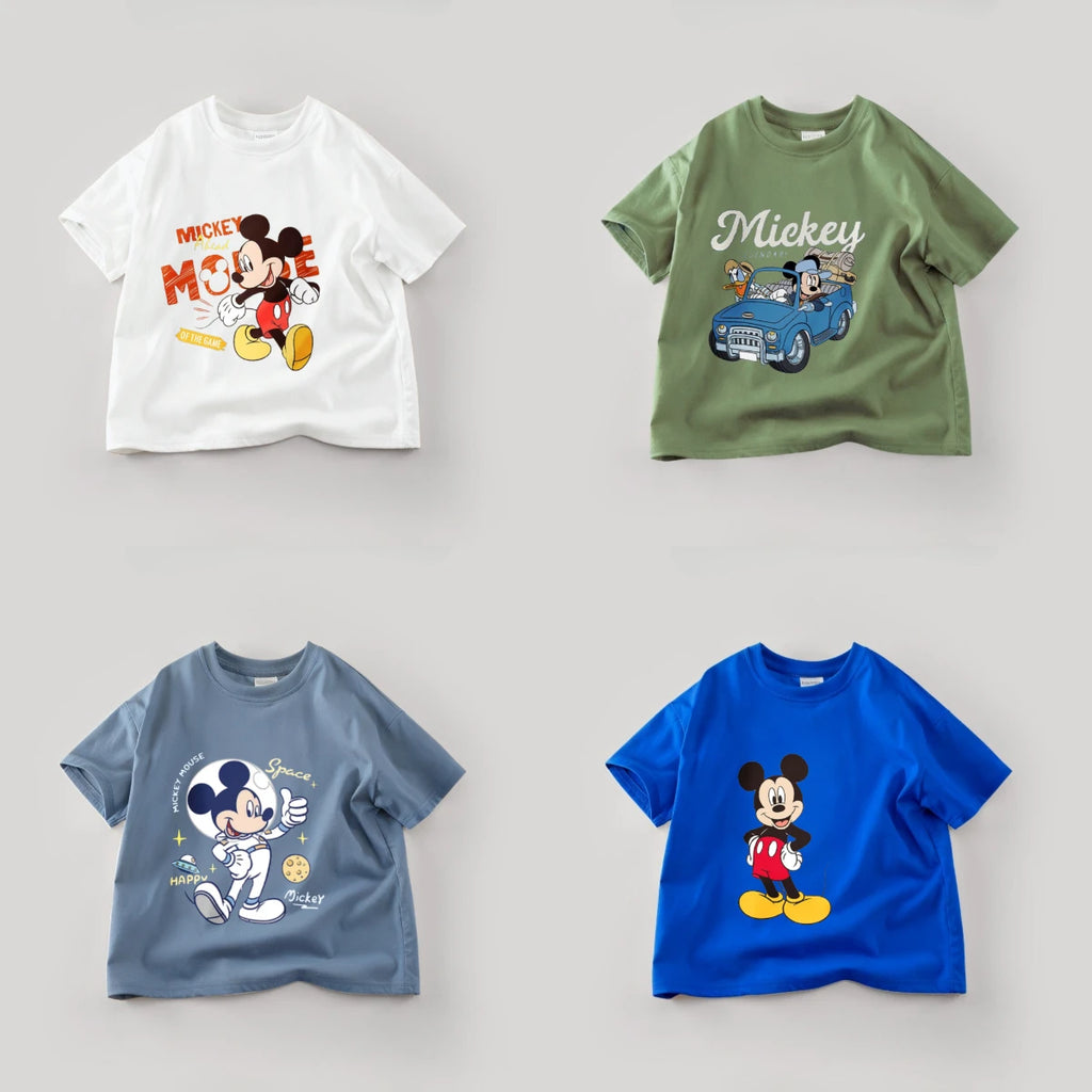 Disney Mickey Boys T Shirts Short Sleeved Tops Cartoon Cotton Kids Clothing Summer Casual Simple Children Tees Toddler Costume