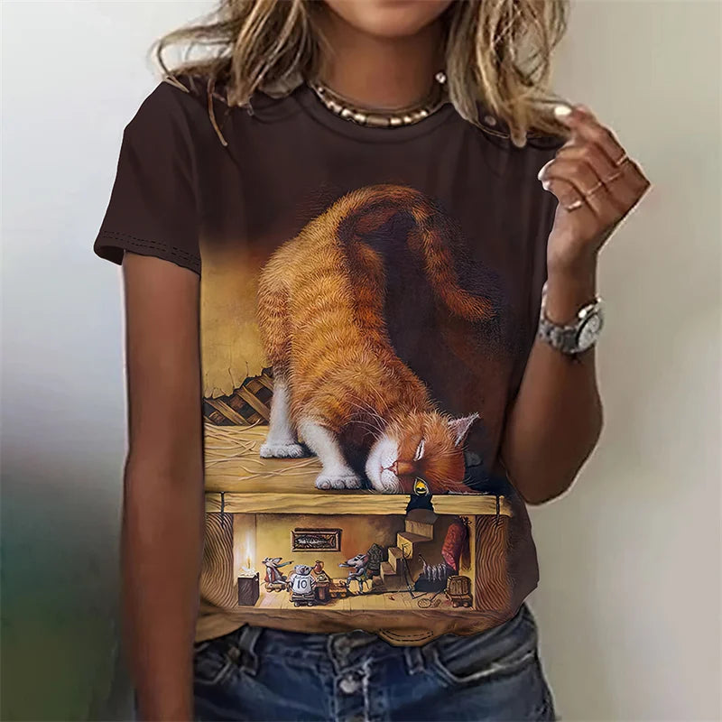 3D Printed Artistic Cat T-Shirt For Women Funny Animal Pet Pattern Tees Summer Casual Short Sleeves Loose T Shirts O-Neck Tops