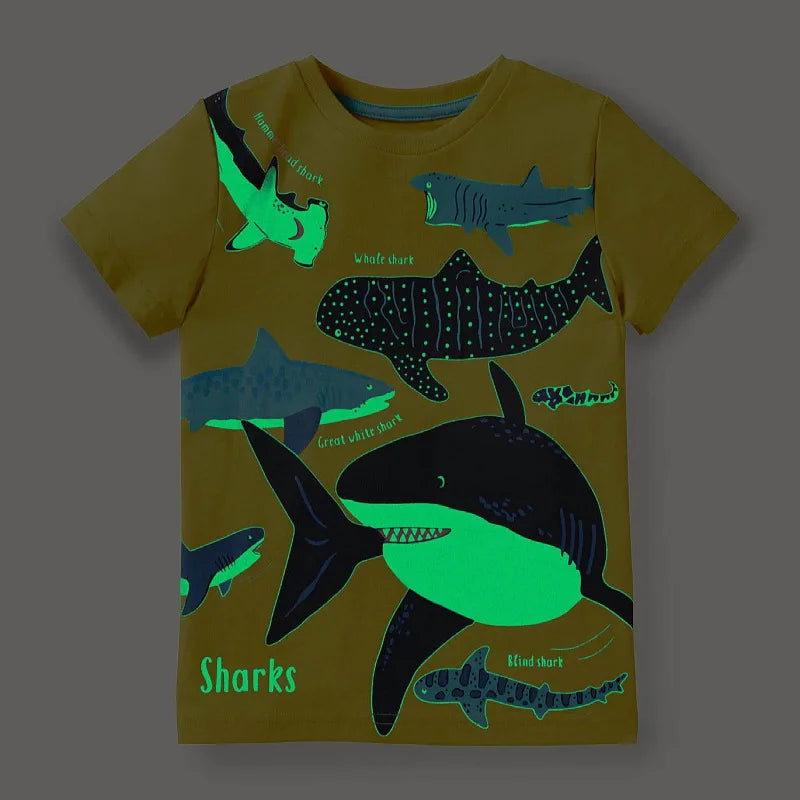 Little maven 2026 New Fashion Boys T-shirt Summer Luminous Dinosaur Animal Cotton Causal Clothes Lovely Tops for Kids 2-7 year