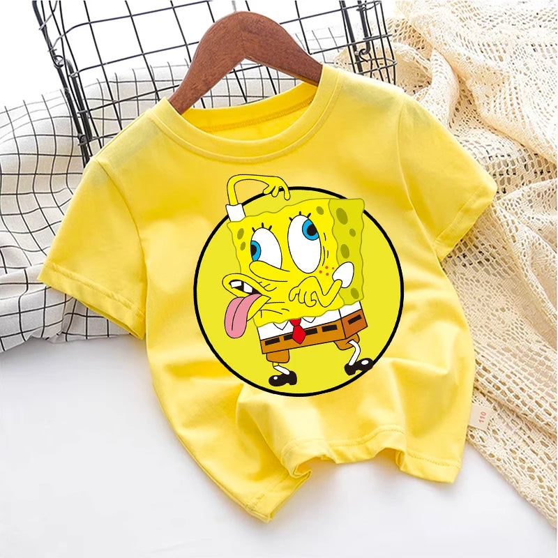Cute SpongeBobs T-shirt Kids Anime Round Role Boys Girl Toddler Cotton Streetwear Tees Casual Short Sleeve Childern Clothes Tops