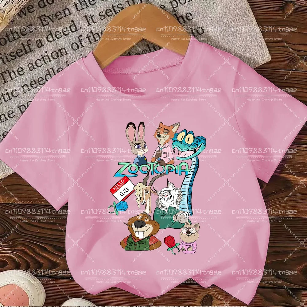 2026 Summer Children Girl Boy Cotton Clothes  Zootopia Cartoon Prints T-shirts Fashion Kid Baby Short Sleeve Crew Neck Top