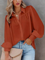 Women Fashion Plus Size 1XL-5XL Basic Blouse Ladoes Solid Button Up Lantern Sleeve Turn Down Collar Blouse Shirt