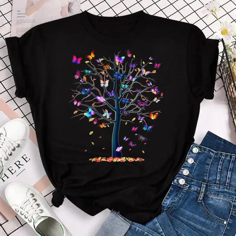 Fashion Women Men T Shirt Colorful Butterfly Petal Graphic Print T Shirt Casual Crew Neck Short Sleeve Plus Size T Shirt Unisex