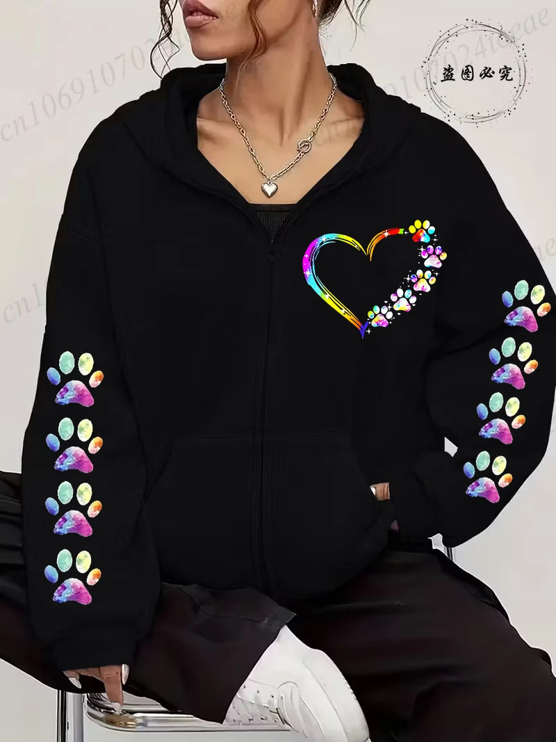 Women Zip Up Hoodies Watercolor Paw Printed Zipper Jackets Coats Autumn Winter Hoody Sweatshirt Fashion Casual Zip Up Hoodie Top