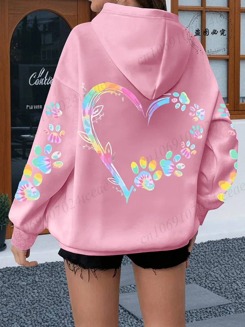 Heart Dog Paw Printed Hoodies Women Casual Fashion All Match Hoody Fleece Warm New Pullovers Harajuku Trend Hooded Sweatshirts