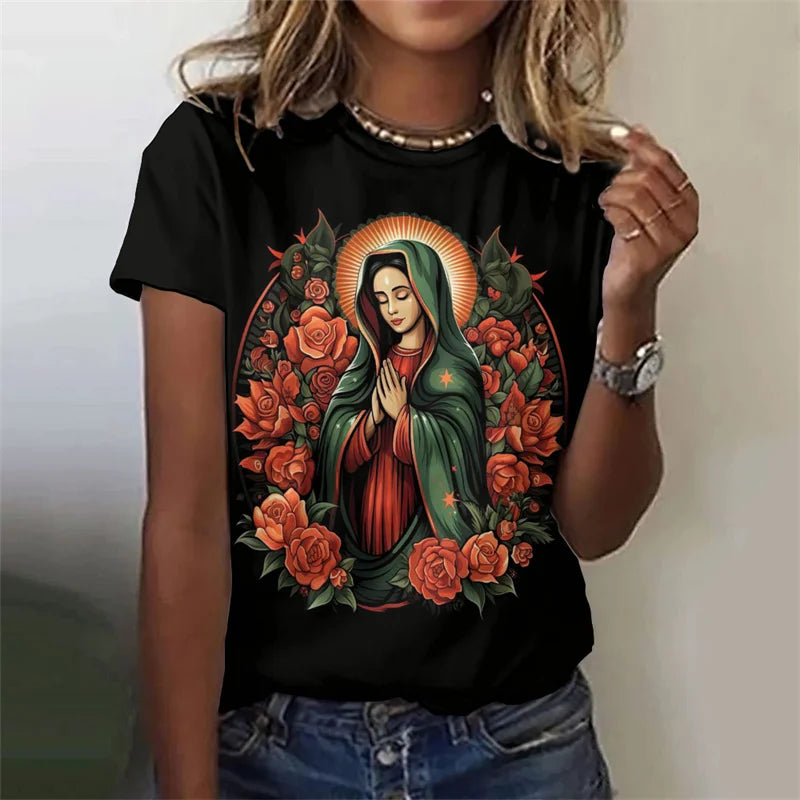 Virgin Mary Pattern T-Shirt For Women Sacred Christianity 3D Print T Shirts Summer Fashion Street Tees Short Sleeves O-Neck Tops