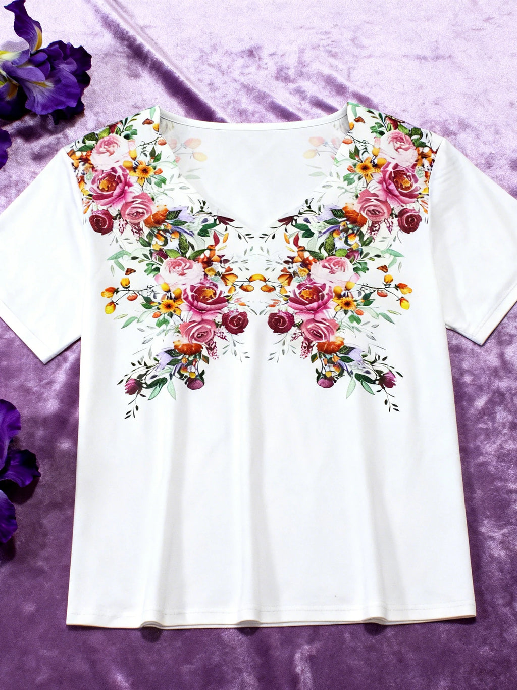 Spring Summer Plus Size Floral Print Wave V-Neck Short Sleeve T-Shirt for Women