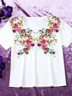 Spring Summer Plus Size Floral Print Wave V-Neck Short Sleeve T-Shirt for Women