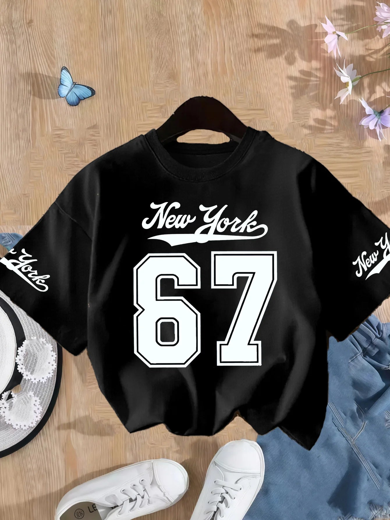 Girls' Number 67 New York Print Summer Short-Sleeve Pure Cotton T-Shirt Pink Elastic Round Neck Children's Top Fashion Design
