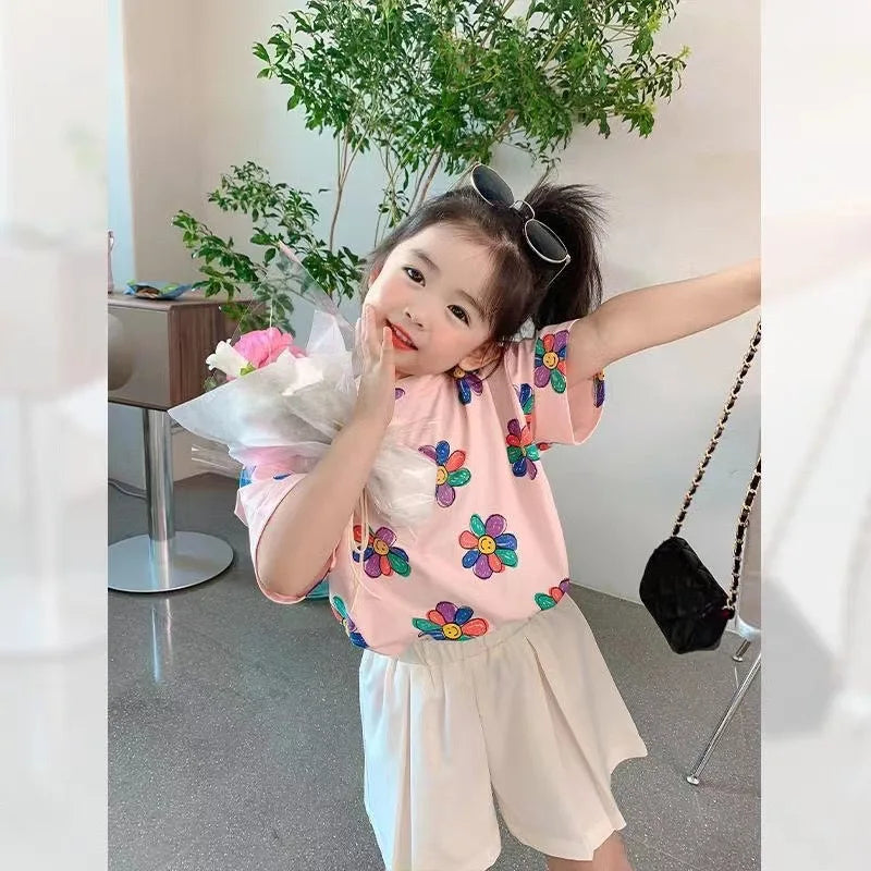 1pcs Summer Kids Flower Print Tops Clothes Girls Korean Style Shirt Children Short Sleeve T-shirts Child Casual Comfort T Shirs