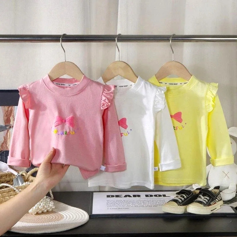 Kids Girls Cotton Long Sleeve Tops with Bow Cute Print Shirt Basic Tee Fall Autumn Clothing for Baby Toddler