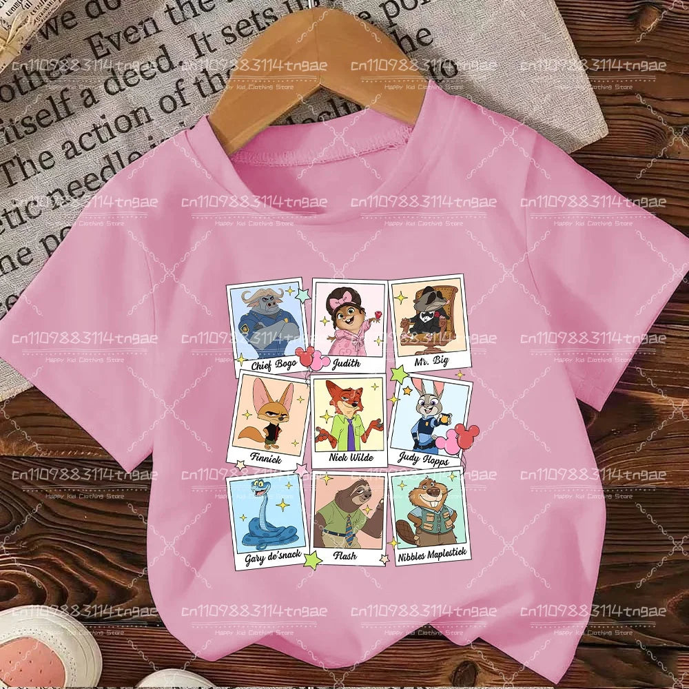2026 Summer Children Girl Boy Cotton Clothes  Zootopia Cartoon Prints T-shirts Fashion Kid Baby Short Sleeve Crew Neck Top