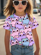 Girl Clothing Summer 3D Print T-Shirt Kawaii Cat Graphic Kids Girls Clothes Outdoor Short Sleeve Causal Children Top for Girls