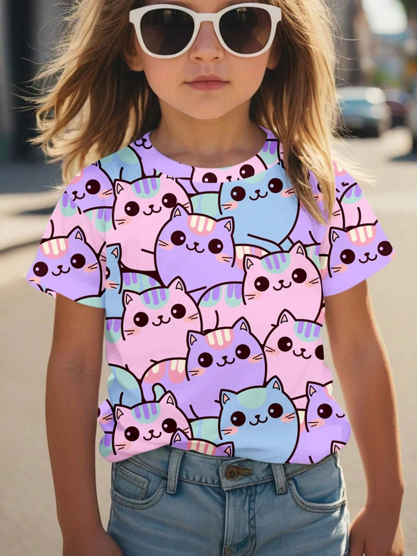 Girl Clothing Summer 3D Print T-Shirt Kawaii Cat Graphic Kids Girls Clothes Outdoor Short Sleeve Causal Children Top for Girls