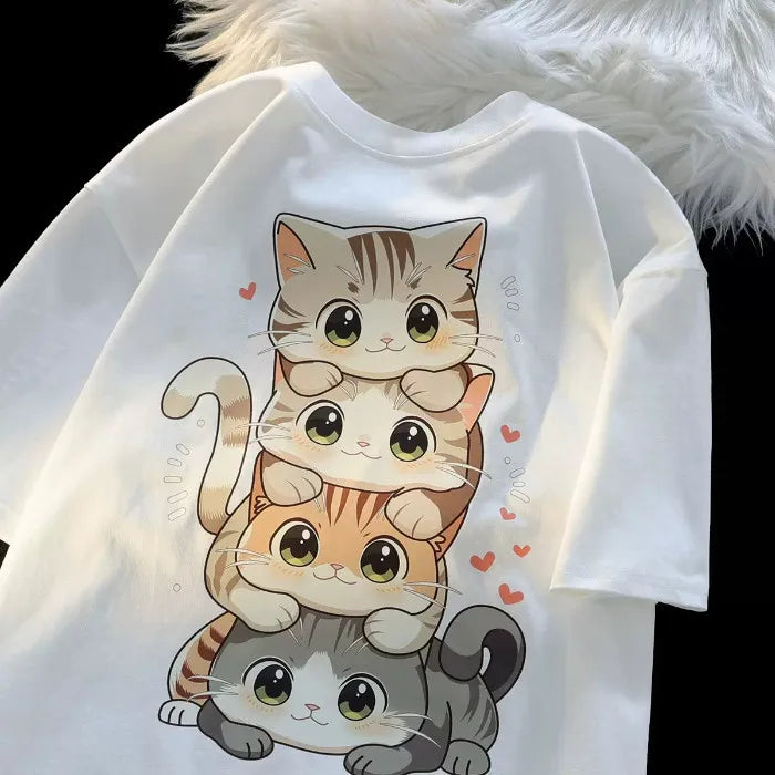 Summer Japanese Cute Cartoon Stacked Cat Printed Short-sleeved T-shirt for Ladies and Boys Same Loose Casual Large-size Top