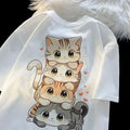 Summer Japanese Cute Cartoon Stacked Cat Printed Short-sleeved T-shirt for Ladies and Boys Same Loose Casual Large-size Top