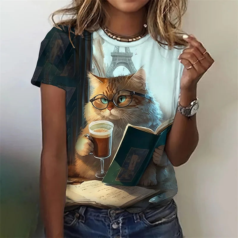 3D Printed Artistic Cat T-Shirt For Women Funny Animal Pet Pattern Tees Summer Casual Short Sleeves Loose T Shirts O-Neck Tops