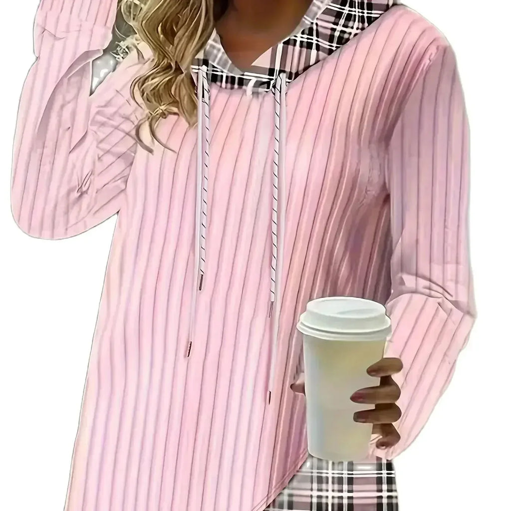 Plus Size 1XL-5XL Women Casual Hoodie Sweatshirt Pullover Long Sleeve Drawstring HoodieWomen's Colorblock Plaid Print