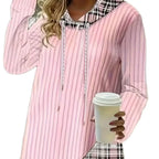 Plus Size 1XL-5XL Women Casual Hoodie Sweatshirt Pullover Long Sleeve Drawstring HoodieWomen's Colorblock Plaid Print