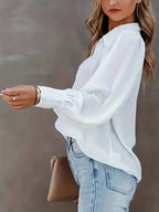 Women Fashion Plus Size 1XL-5XL Basic Blouse Ladoes Solid Button Up Lantern Sleeve Turn Down Collar Blouse Shirt