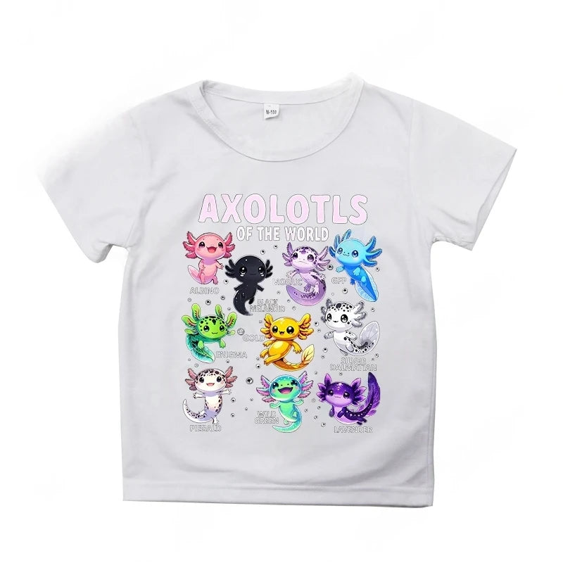 Colorful Cartoon Axolotls Graphic 3D Print T-Shirt Summer Casual Comfy Girls Clothes 2-10Y Short Sleeve T-Shirt for Children Top
