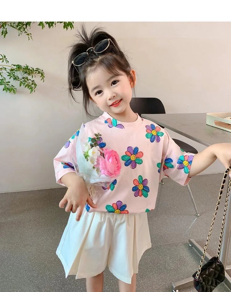 1pcs Summer Kids Flower Print Tops Clothes Girls Korean Style Shirt Children Short Sleeve T-shirts Child Casual Comfort T Shirs