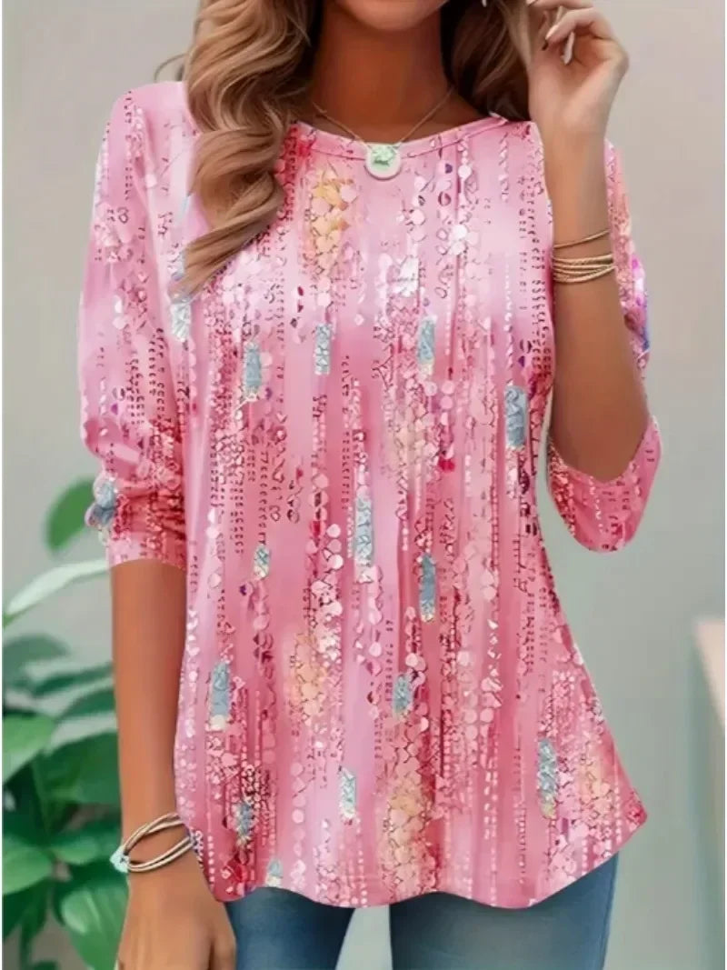 Women's Plus Size 1XL-5XL Fashion Quarter Sleeved Round Neck T-shirt Ladies Casual Top Spring Summer  Fashionable T-shirt