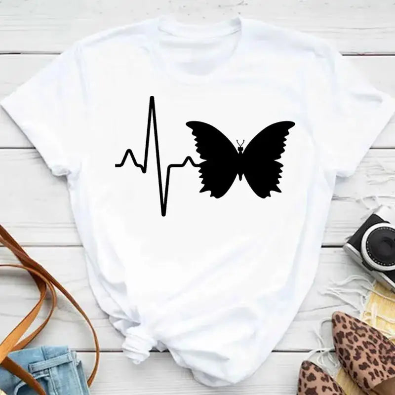 Fashion Women Men T Shirt Colorful Butterfly Petal Graphic Print T Shirt Casual Crew Neck Short Sleeve Plus Size T Shirt Unisex