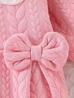 Pink Thickened One-Piece Romper for Baby Girls, with Cable Knit Quilted Fabric, Doll Collar with Hollow Lace, Double Bow, Snap Buttons on the Front and Crotch, Warm and Cute