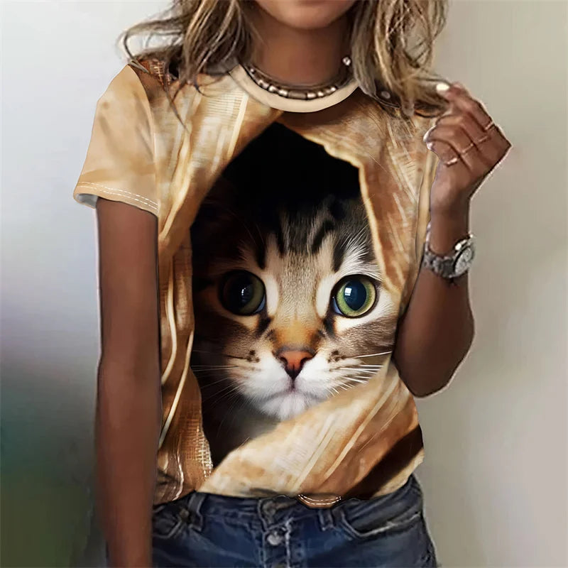 3D Printed Artistic Cat T-Shirt For Women Funny Animal Pet Pattern Tees Summer Casual Short Sleeves Loose T Shirts O-Neck Tops