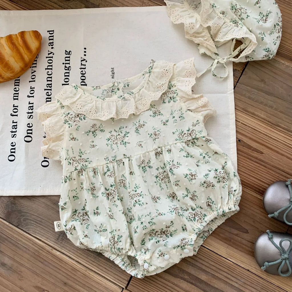 New In: Cute Flower Ruched Fly Sleeve Bodysuits for Newborn Baby Girls 98% Cotton Gift Hat Kids Infant Princess One-pieces 0-24M