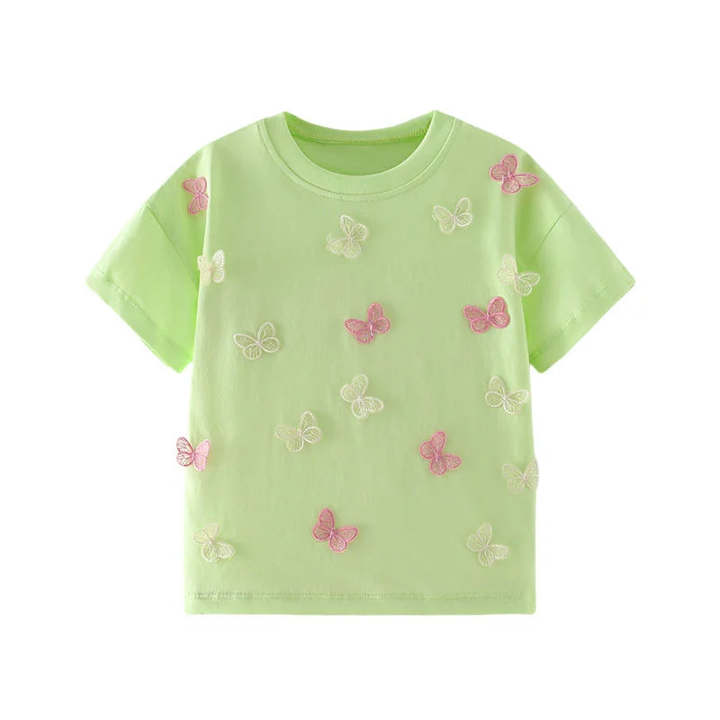 Jumping Meters 3-8T Animals Summer Girls Tshirts Butterflies Applique Short Sleeve Baby Clothes Embroidery Children's Tees
