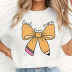 Women's Inspirational Teacher Graphic T Shirt Pencil Bow Design Short Sleeve Tee Gifts for Teacher's Day Crew Neck Classic Tops