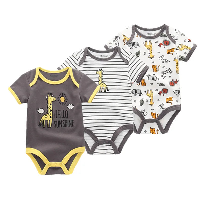 Unisex Cotton Newborn Baby Boy Clothes 3Pieces Summer 0-12M Cartoon Baby Girl Clothes Print Bodysuits Short Sleeve Bebes