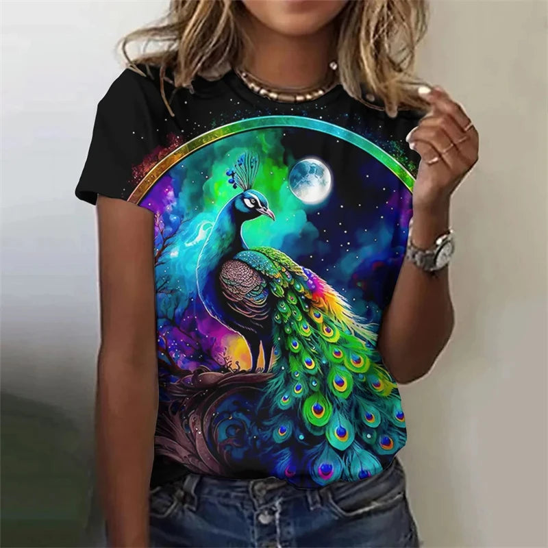 Fashion Women's T-shirt With Cute Peacock Graphic 3D Printed Short Sleeve Summer T-shirts Oversized Loose Women's Clothing