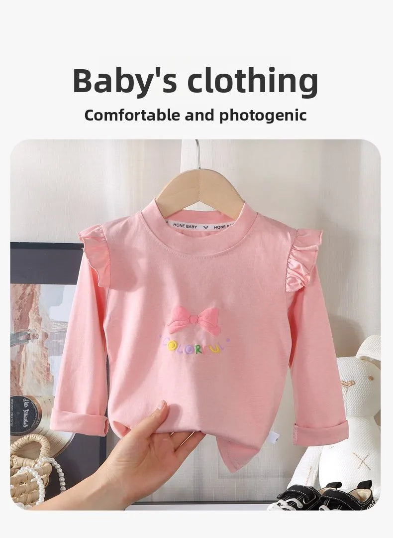 Kids Girls Cotton Long Sleeve Tops with Bow Cute Print Shirt Basic Tee Fall Autumn Clothing for Baby Toddler