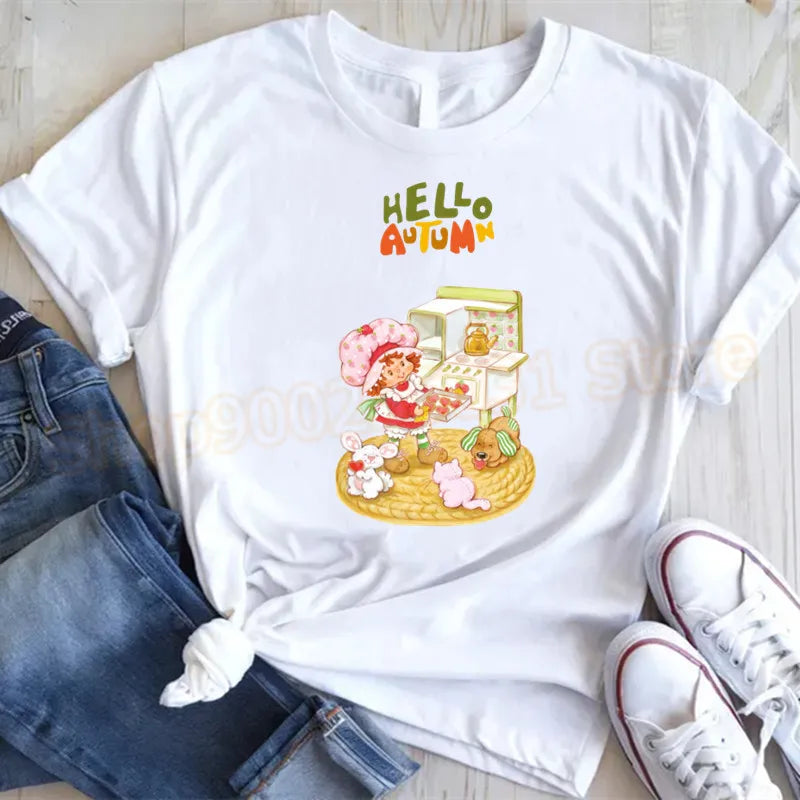 Cute Strawberry Shortcake T-Shirt for Women Retro Cartoon Printed T Shirts Loose Short Sleeved Tops Casual Round Neck Tees