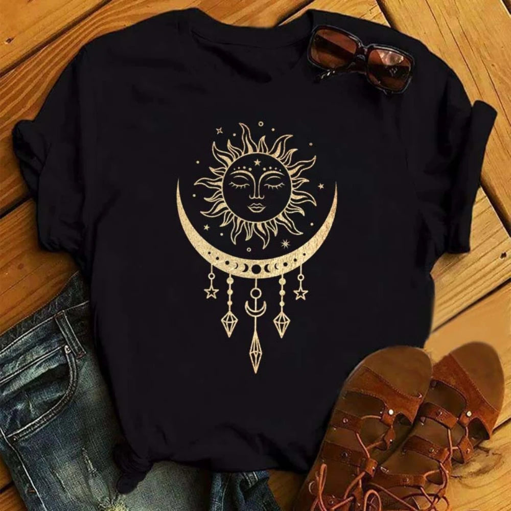 Gold and White Sun Moon Stars Print Women T Shirt Short Sleeve Women Tshirt Durable Plus-size Casual T-shirt Daily Streetwear