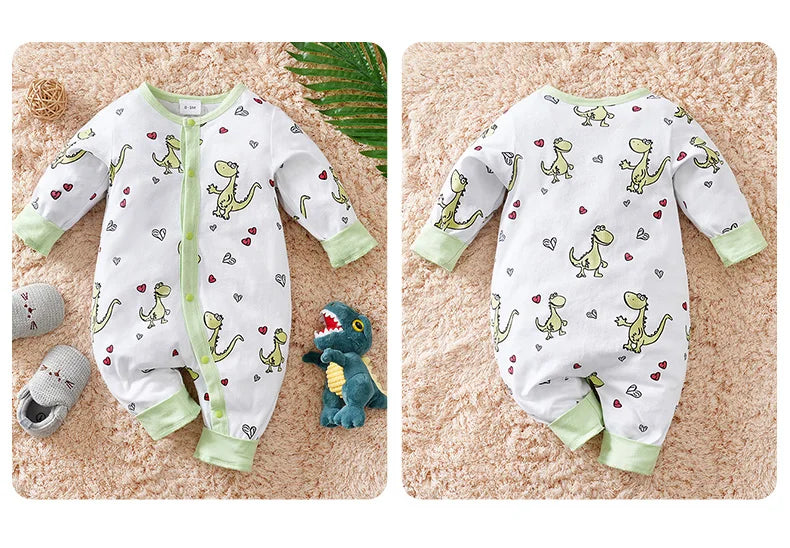 Spring and fall cotton long-sleeved baby clothing green Cartoon dinosaur print 0-18 months baby one-piece  newborn romper
