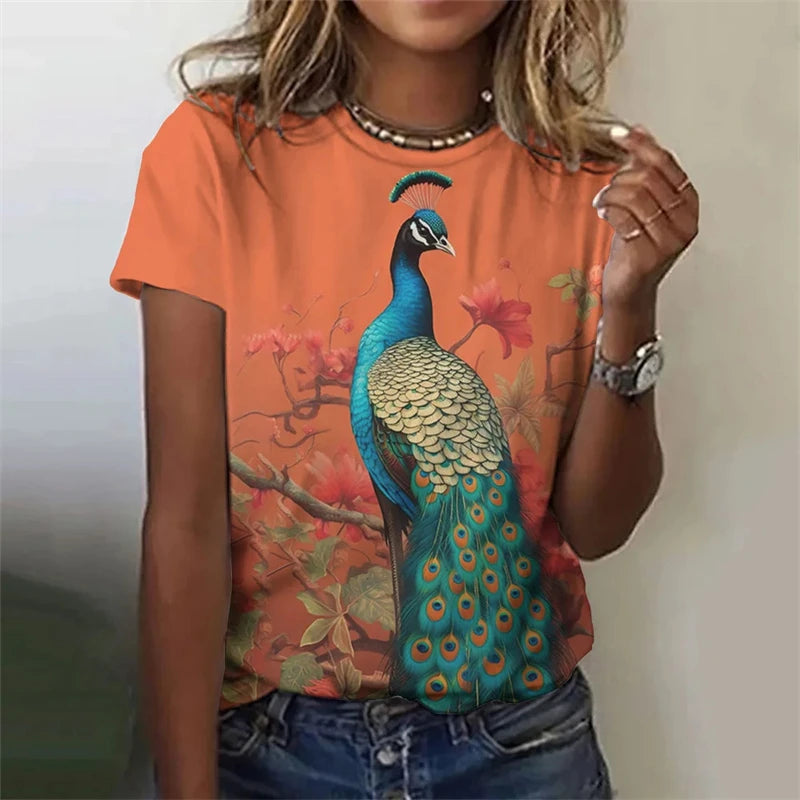 Fashion Women's T-shirt With Cute Peacock Graphic 3D Printed Short Sleeve Summer T-shirts Oversized Loose Women's Clothing