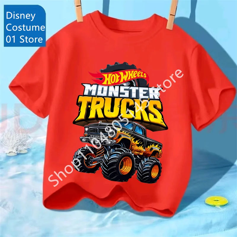Summer Kids T Shirt Hot Wheels T-shirt Boys Girls Short Sleeve Tops Cartoon Cars Graphic Trucks Print T-shirt Children Clothing